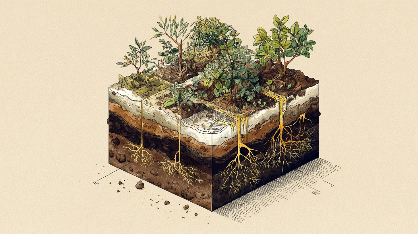 Cross-section illustratie van een tuinbed met bodemlagen en plantwortels — visualisatie van de Tuinzen bodemkoppeling