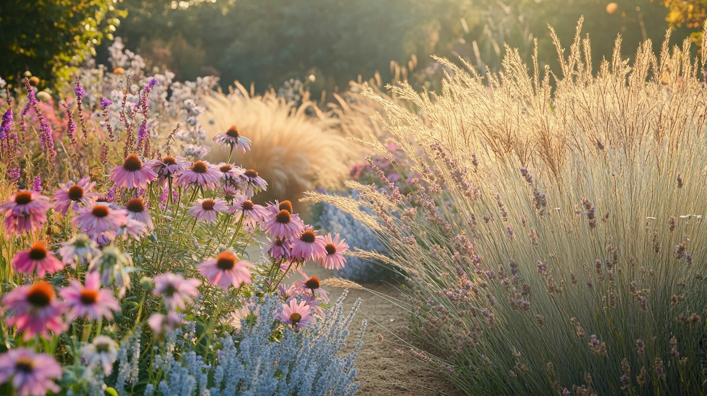 Droogtebestendige tuin met siergrassen, Echinacea coneflowers en lavendel in golden hour licht