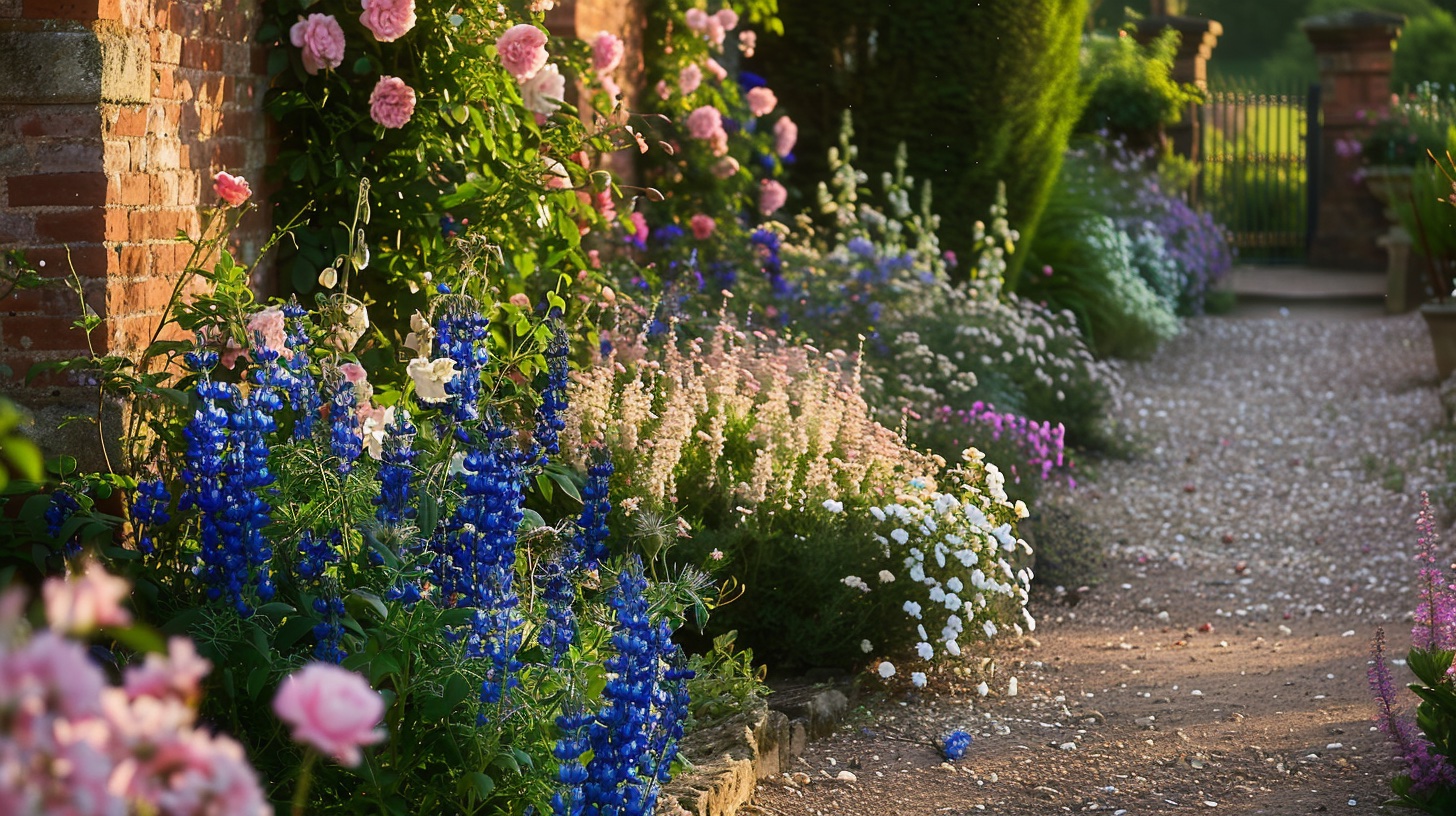 Engelse romantische tuin met rozen, delphinium en lavendel in zomerbloei — Tuinzen beplantingsplan