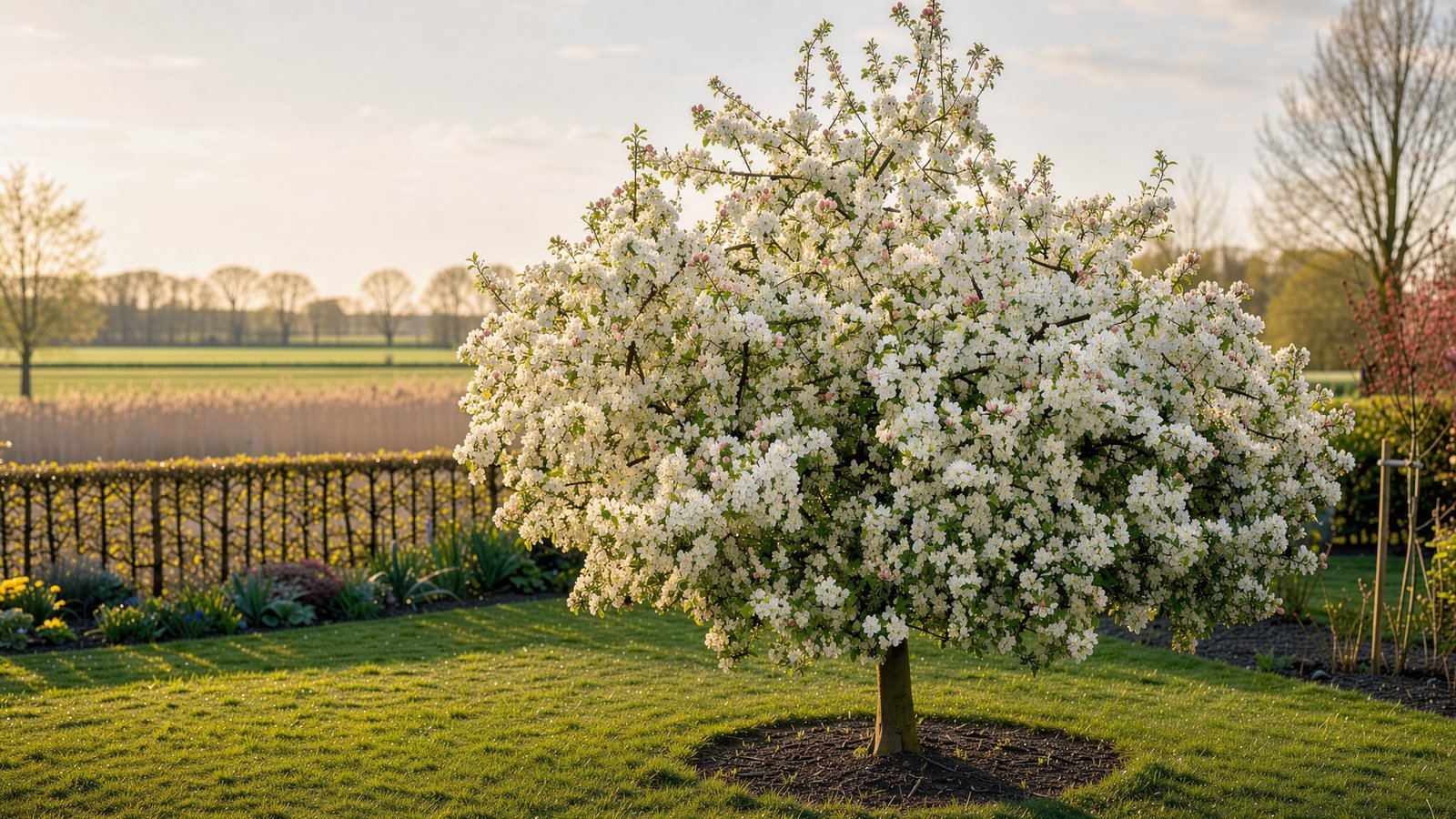 Sierappel 'Evereste' in een tuin op kleigrond