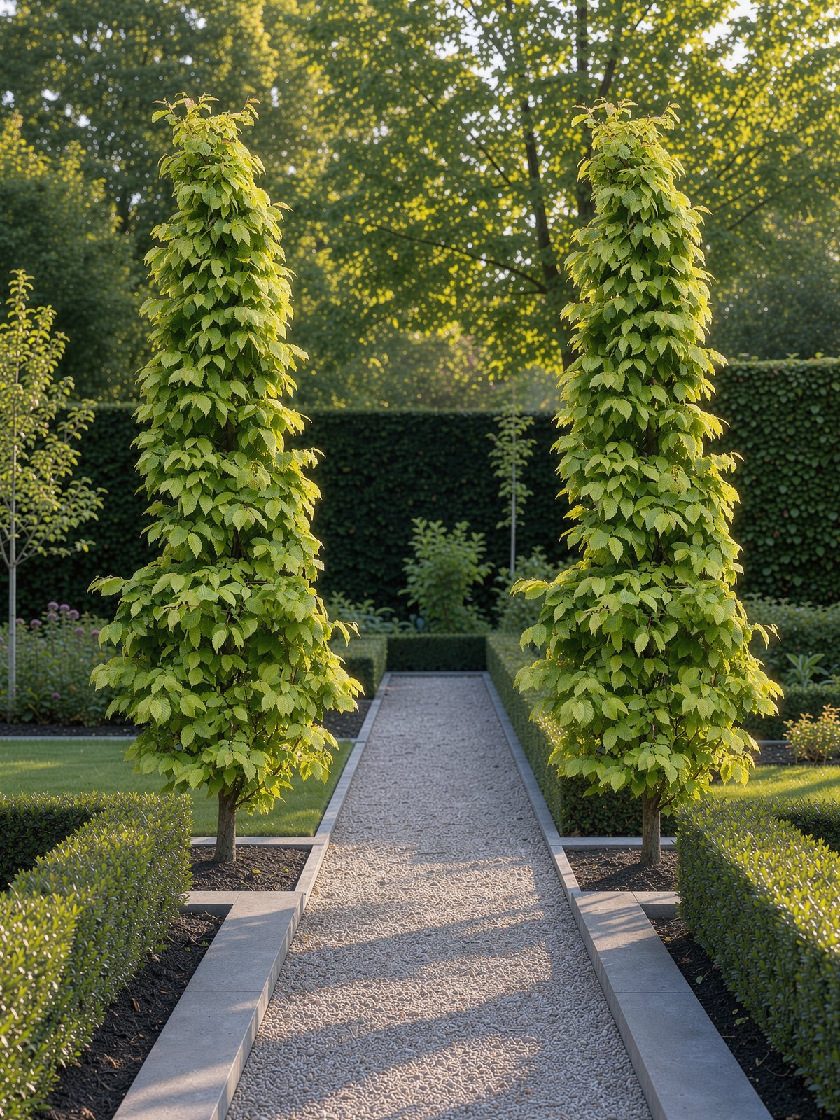Zuilhaagbeuk (Carpinus betulus 'Frans Fontaine') in een tuin