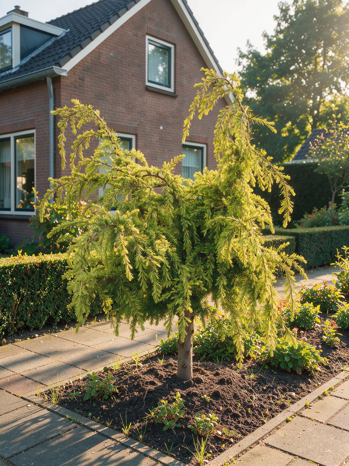 Himalayaceder 'Lime Glow' (Cedrus deodara 'Lime Glow') in een tuin
