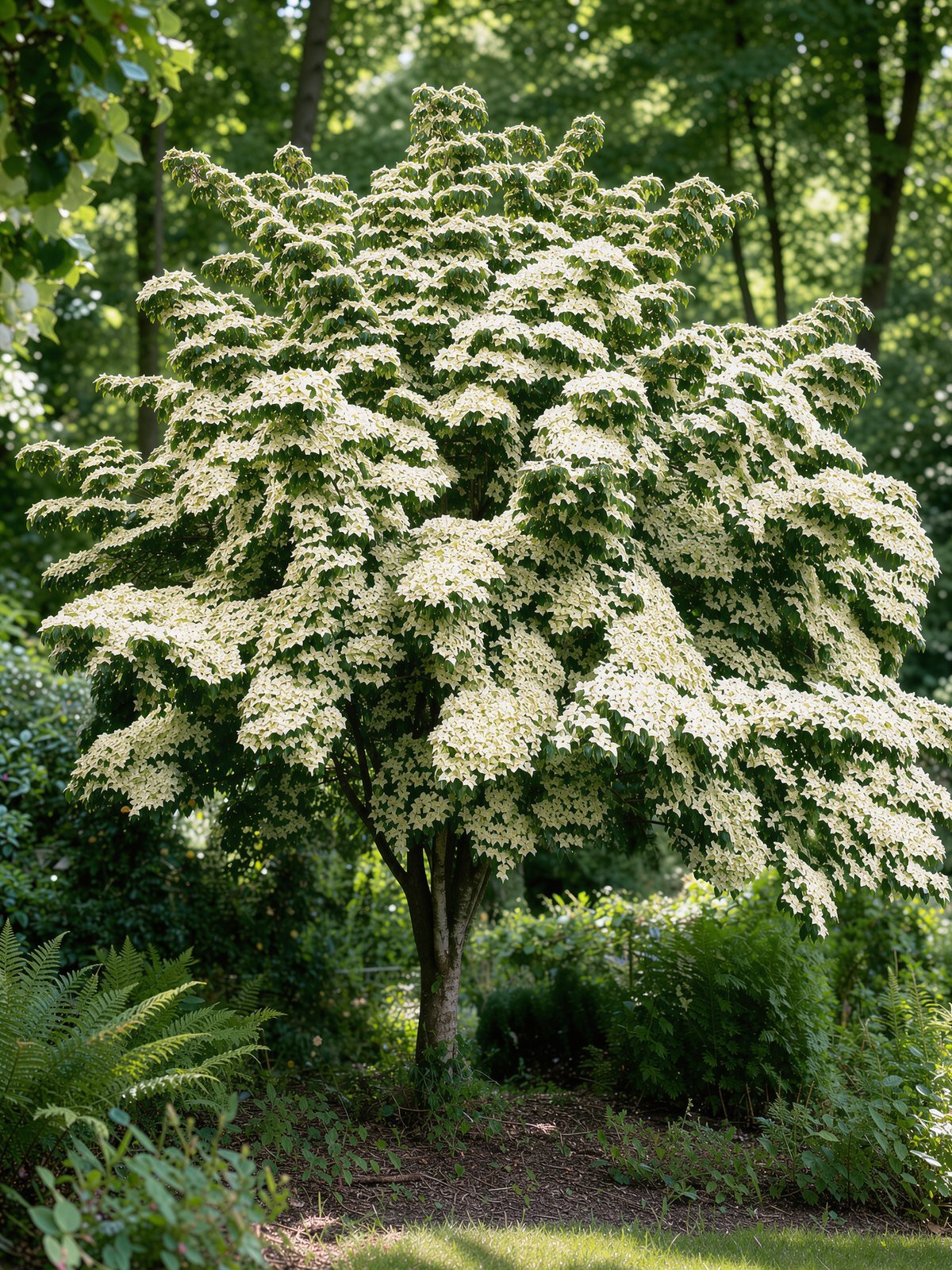 Japanse grootbloemige kornoelje (Cornus kousa) in een tuin