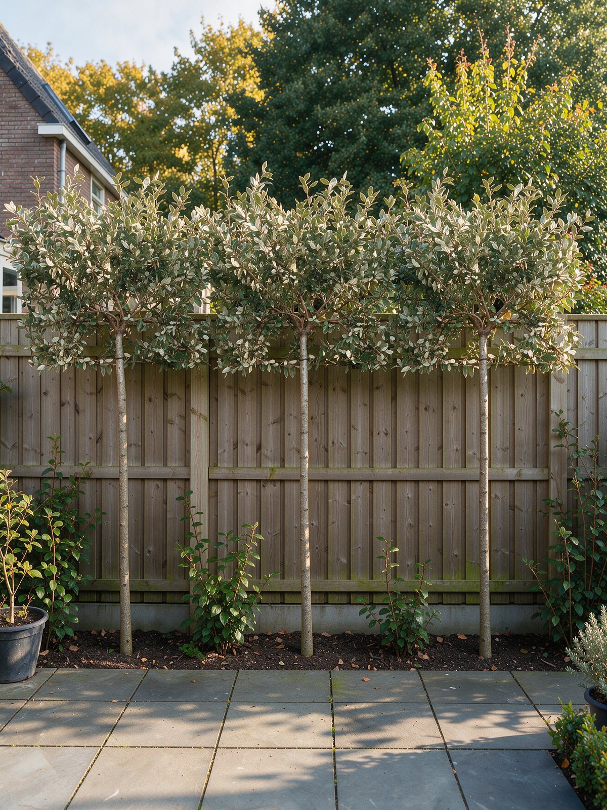 Olijfwilg 'Compacta' (Elaeagnus × ebbingei 'Compacta') in een tuin