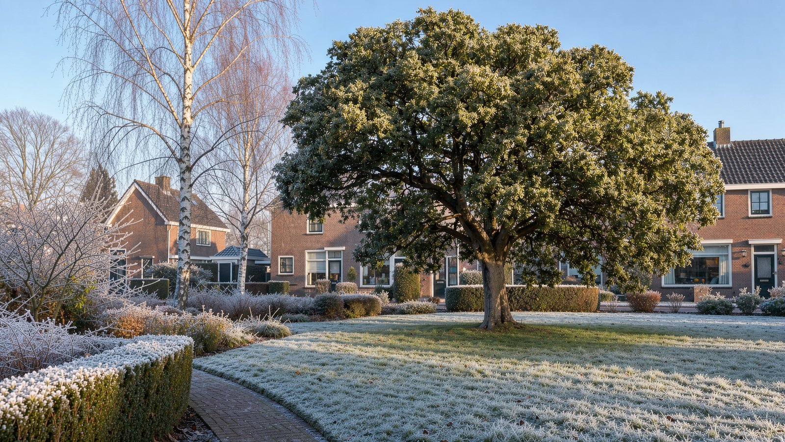 Een groenblijvende steeneik met rijp op het blad naast kale berken in een voortuin in de winter