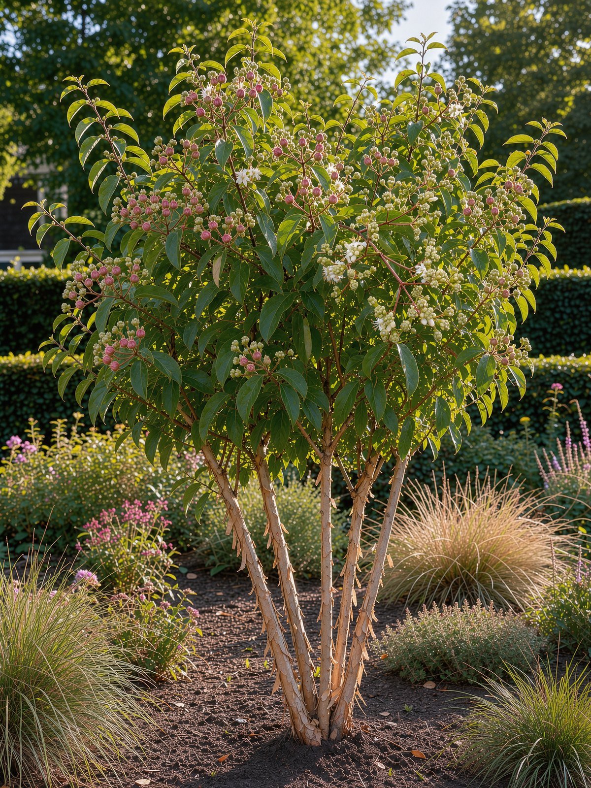 Zevenzonenboom (Heptacodium miconioides) in een tuin
