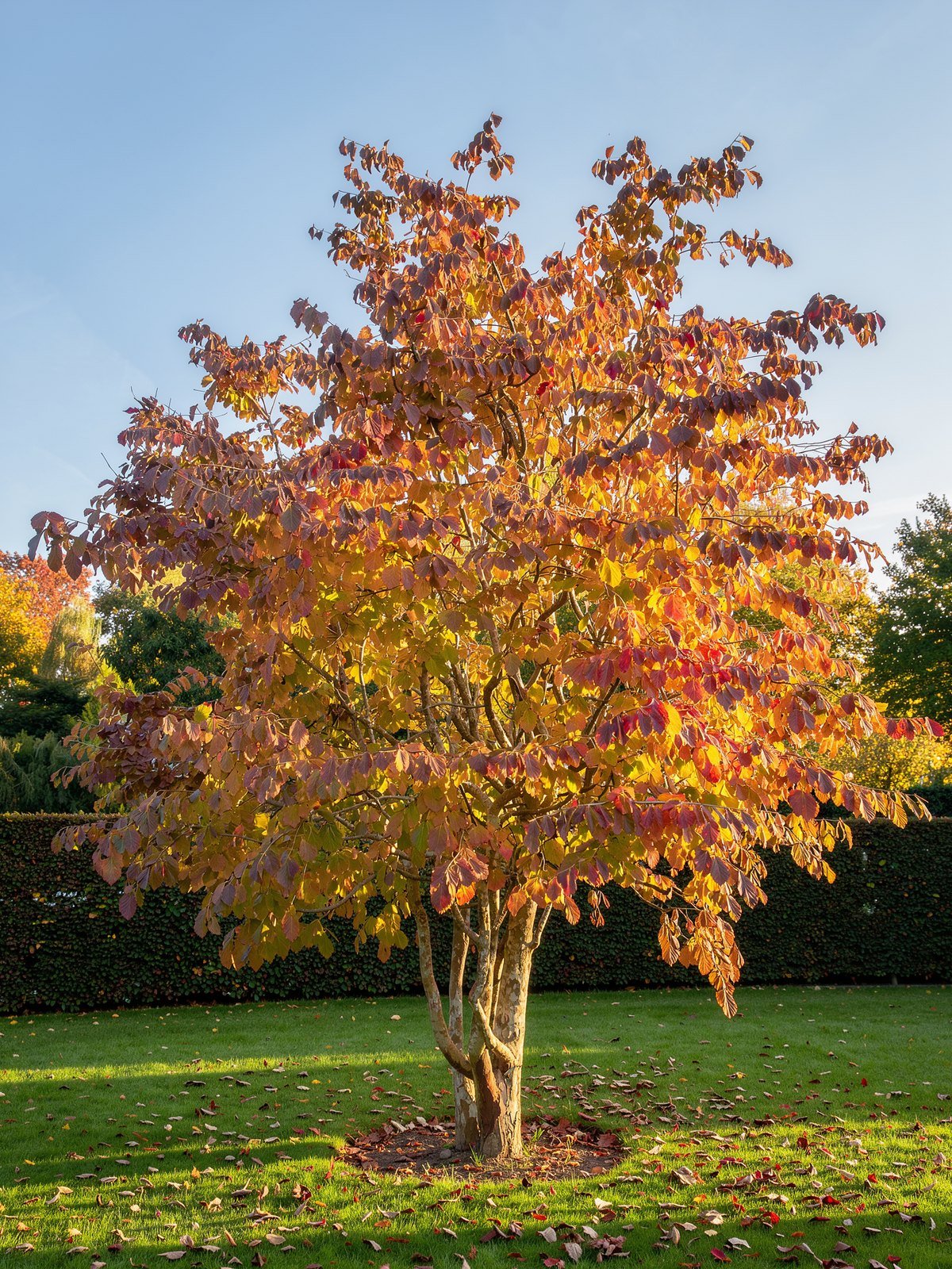Perzisch ijzerhout (Parrotia persica) in een tuin