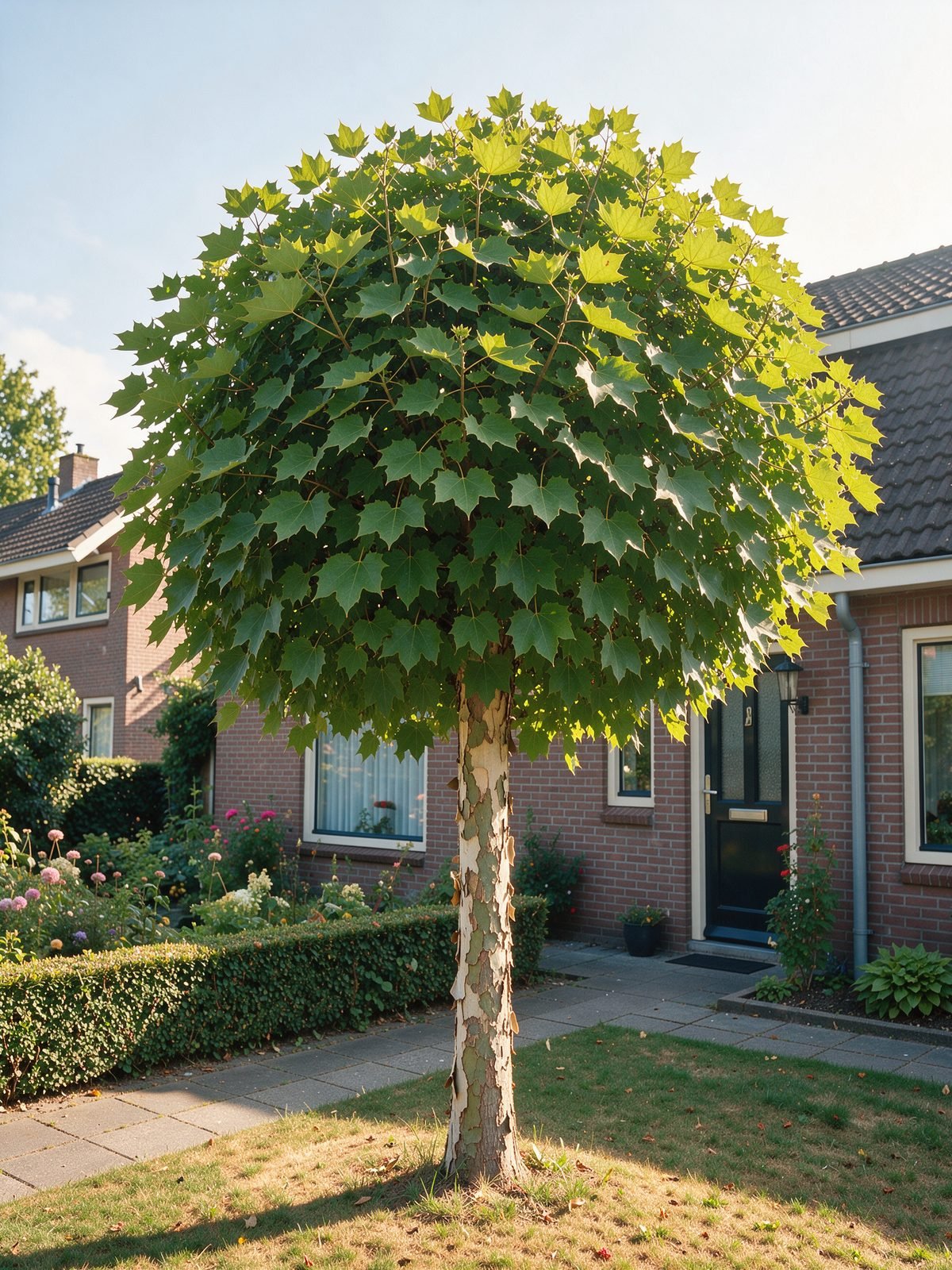 Bolplataan (Platanus × hispanica 'Alphen's Globe') in een tuin