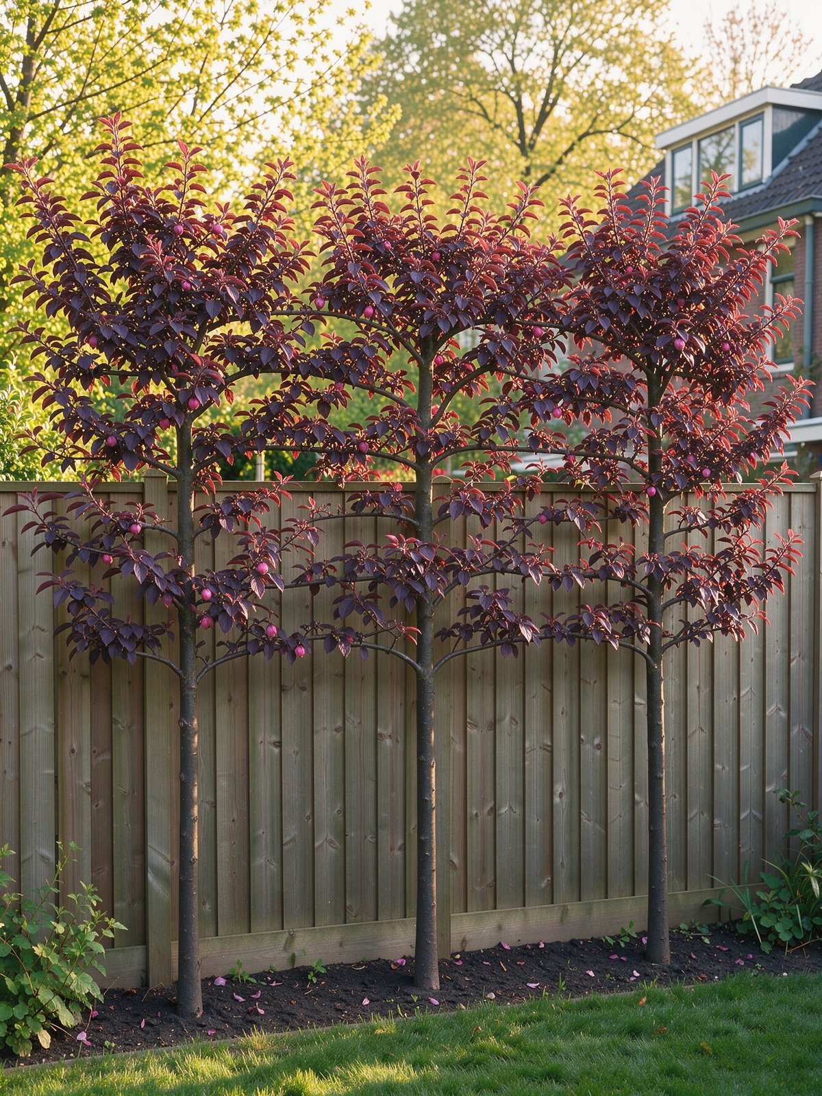 Kerspruim 'Nigra' (Prunus cerasifera 'Nigra') in een tuin