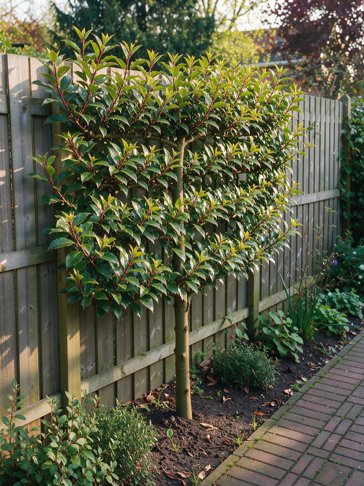 Portugese laurierkers 'Brenelia' (Prunus lusitanica 'Brenelia') in een tuin