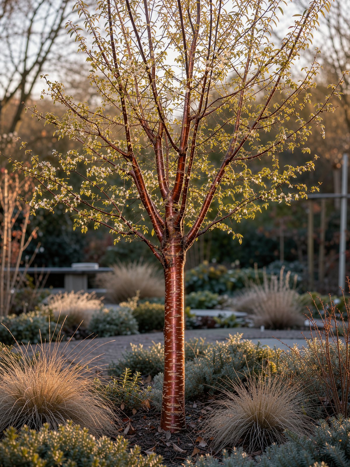 Tibetkers (Prunus serrula) in een tuin
