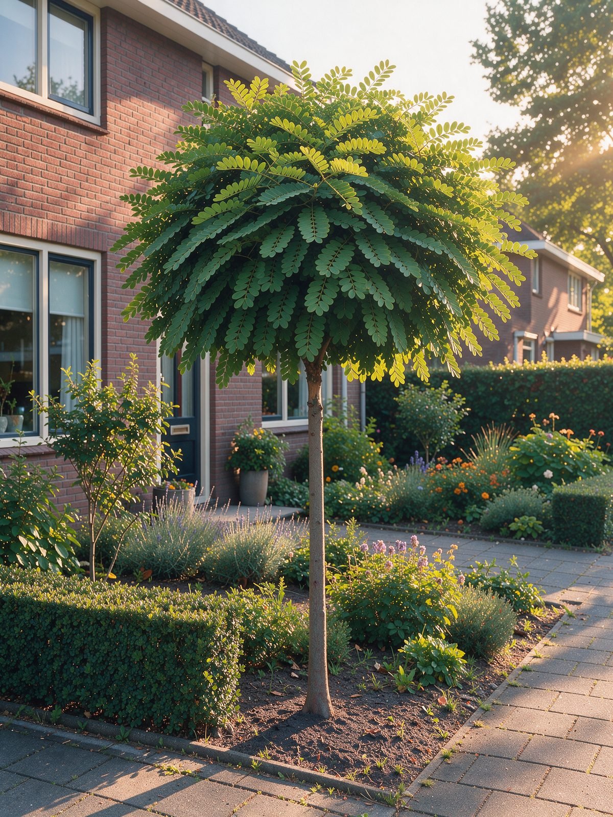 Bolacacia (Robinia pseudoacacia 'Umbraculifera') in een tuin