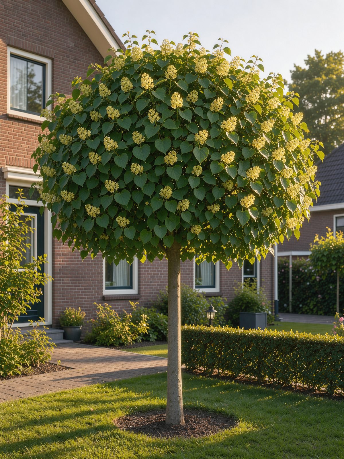 Bollinde 'Green Globe' (Tilia cordata 'Green Globe') in een tuin