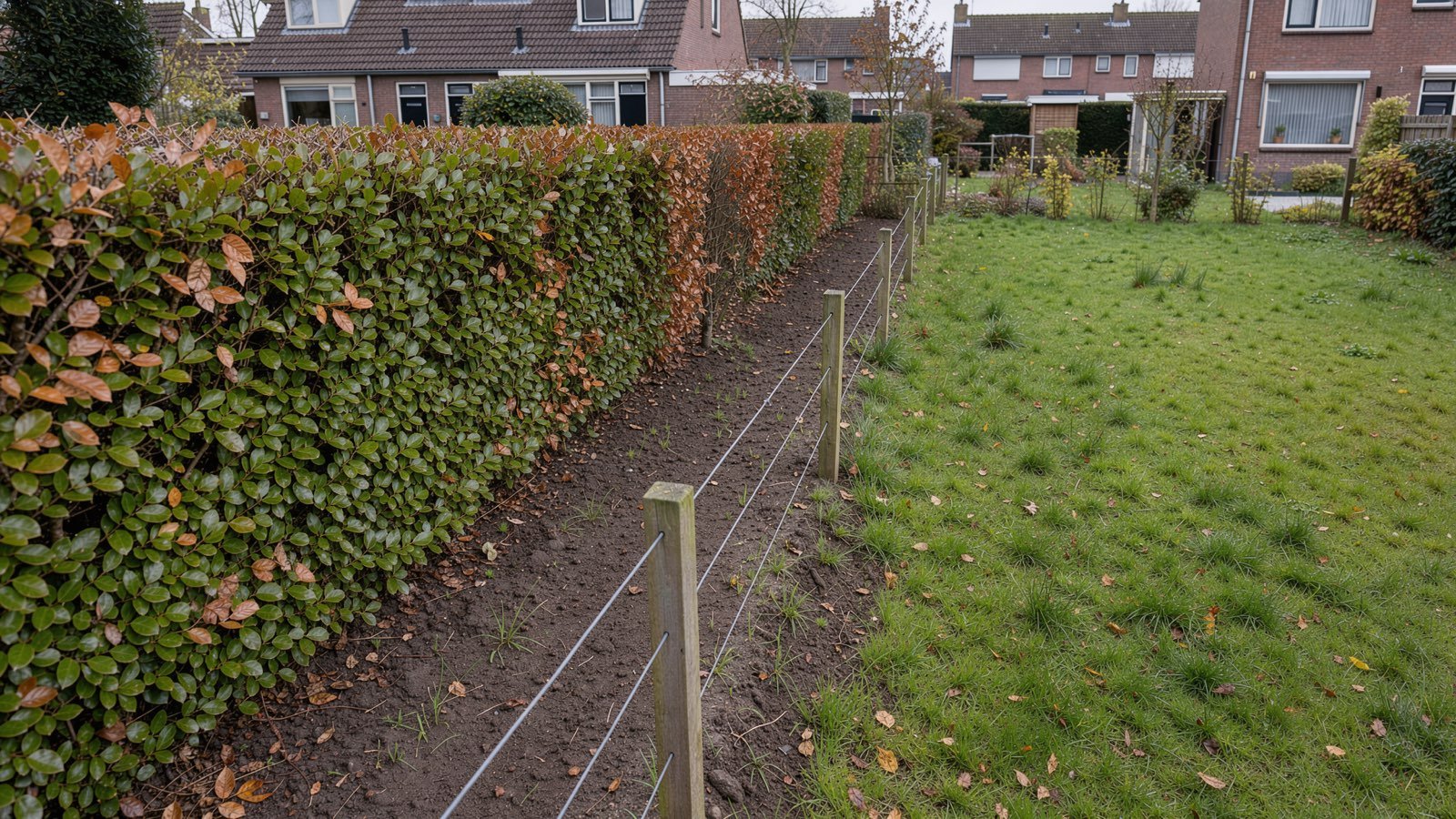 Geschoren haag met een halve meter ruimte tot het hek op de erfgrens tussen twee tuinen