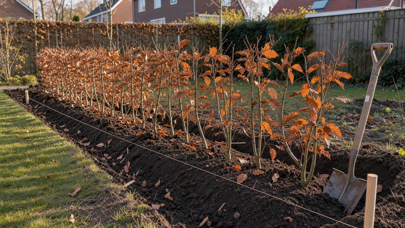 Een pas geplante beukenhaag in een rechte plantsleuf langs een draad