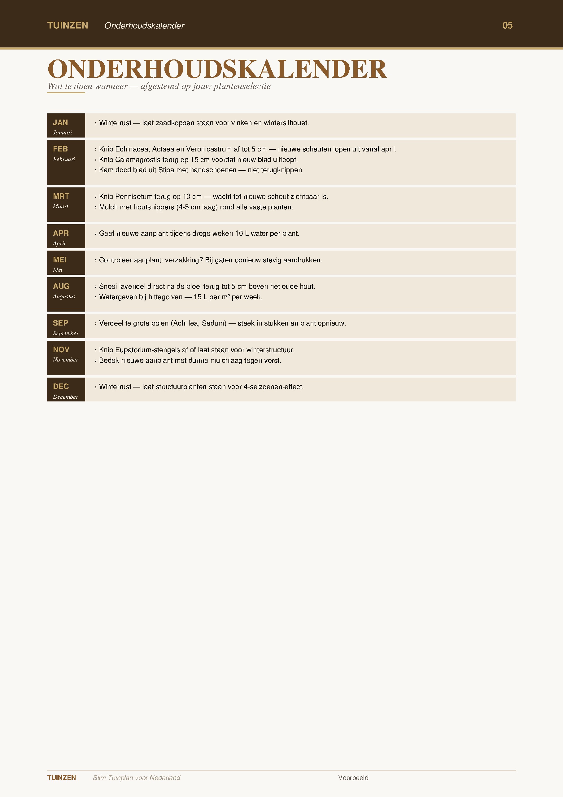Onderhoudskalender met maandelijkse acties per plantselectie