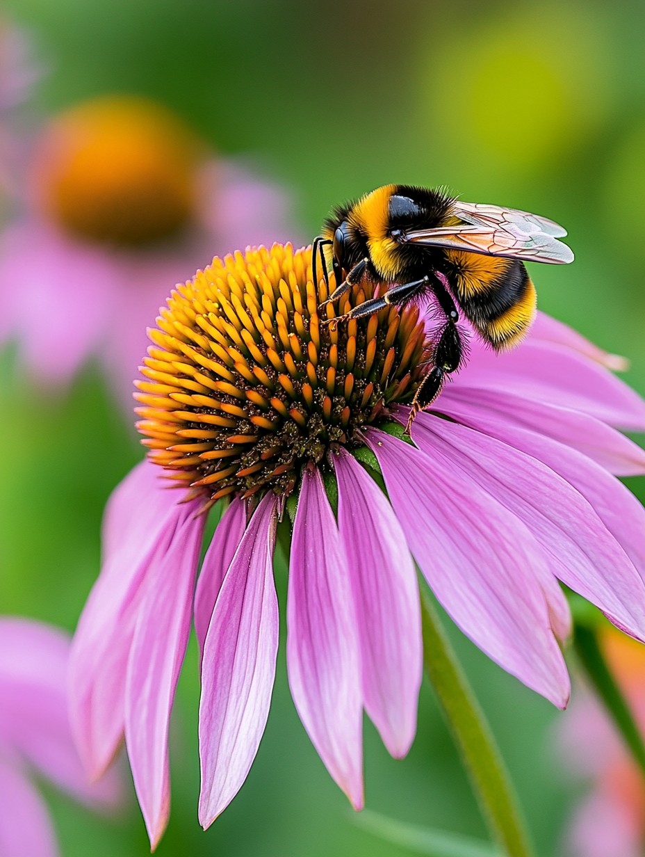 Echinacea purpurea Magnus — rozepaarse zonnehoeden met oranje-bruine harten in zomerzon