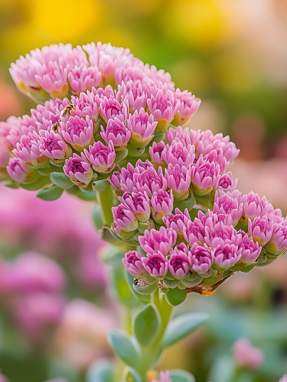 Sedum spectabile Matrona — donkerroze bloemschermen met paars-rood blad in nazomerlicht