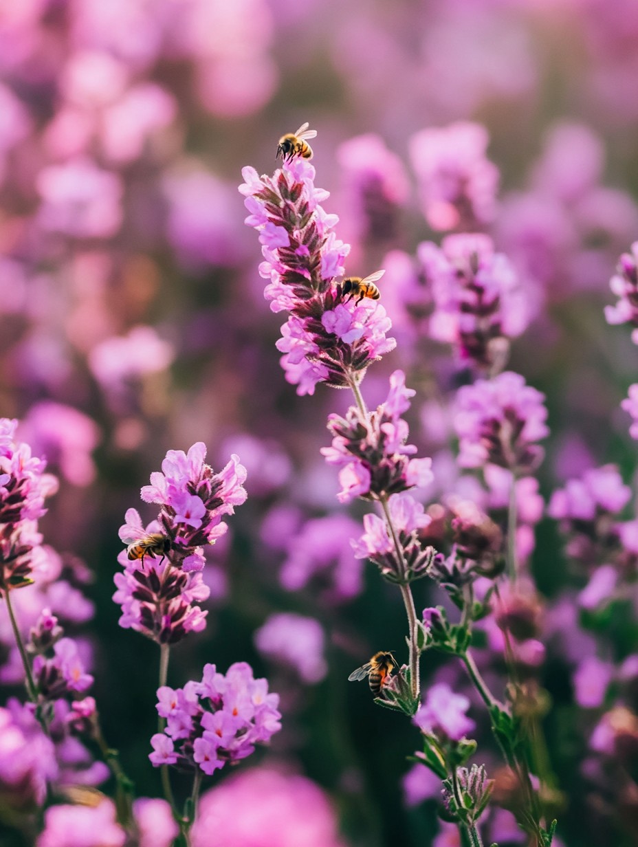 Thymus serpyllum — paarse tijm-tapijt vol bijen tussen stenen
