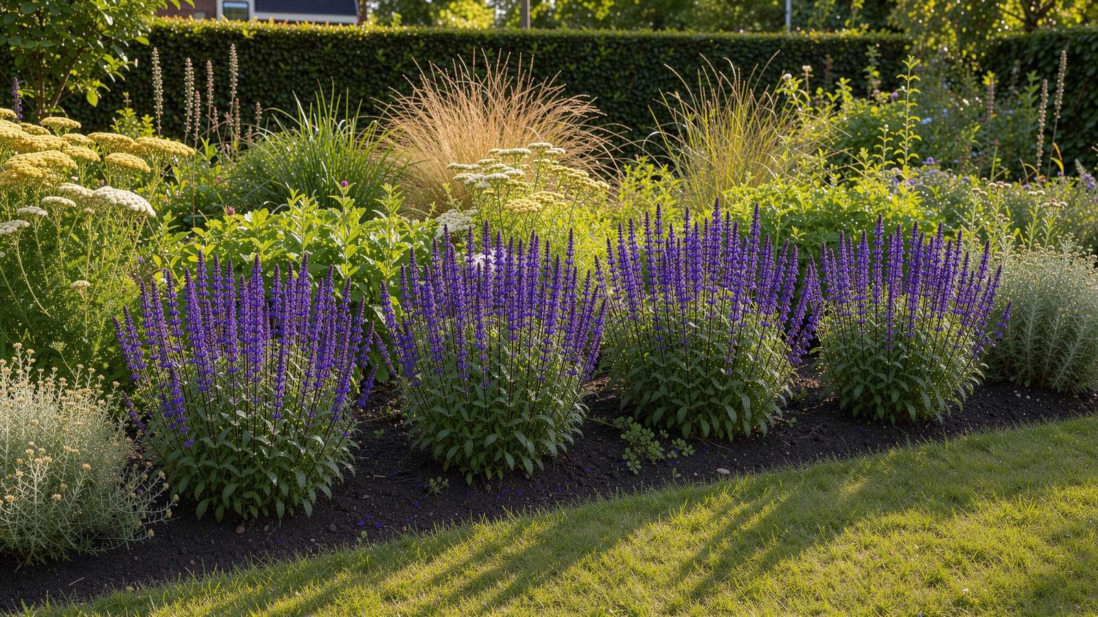 Salvia nemorosa Caradonna: diep paarse aren in een zonnige border met siergras en duizendblad