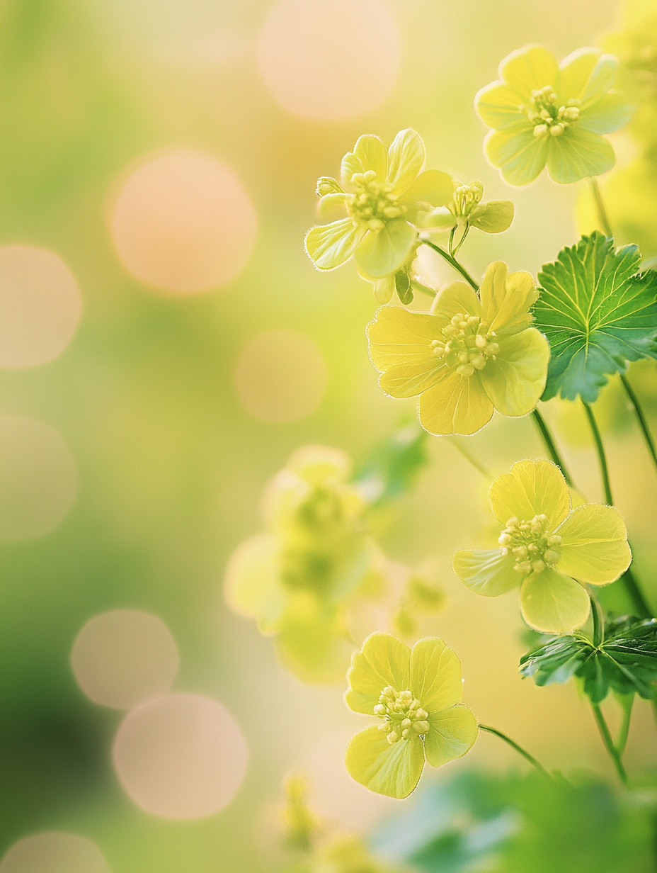 Alchemilla mollis — gegolfd bladdak met dauwdruppels en gele bloeiwolk