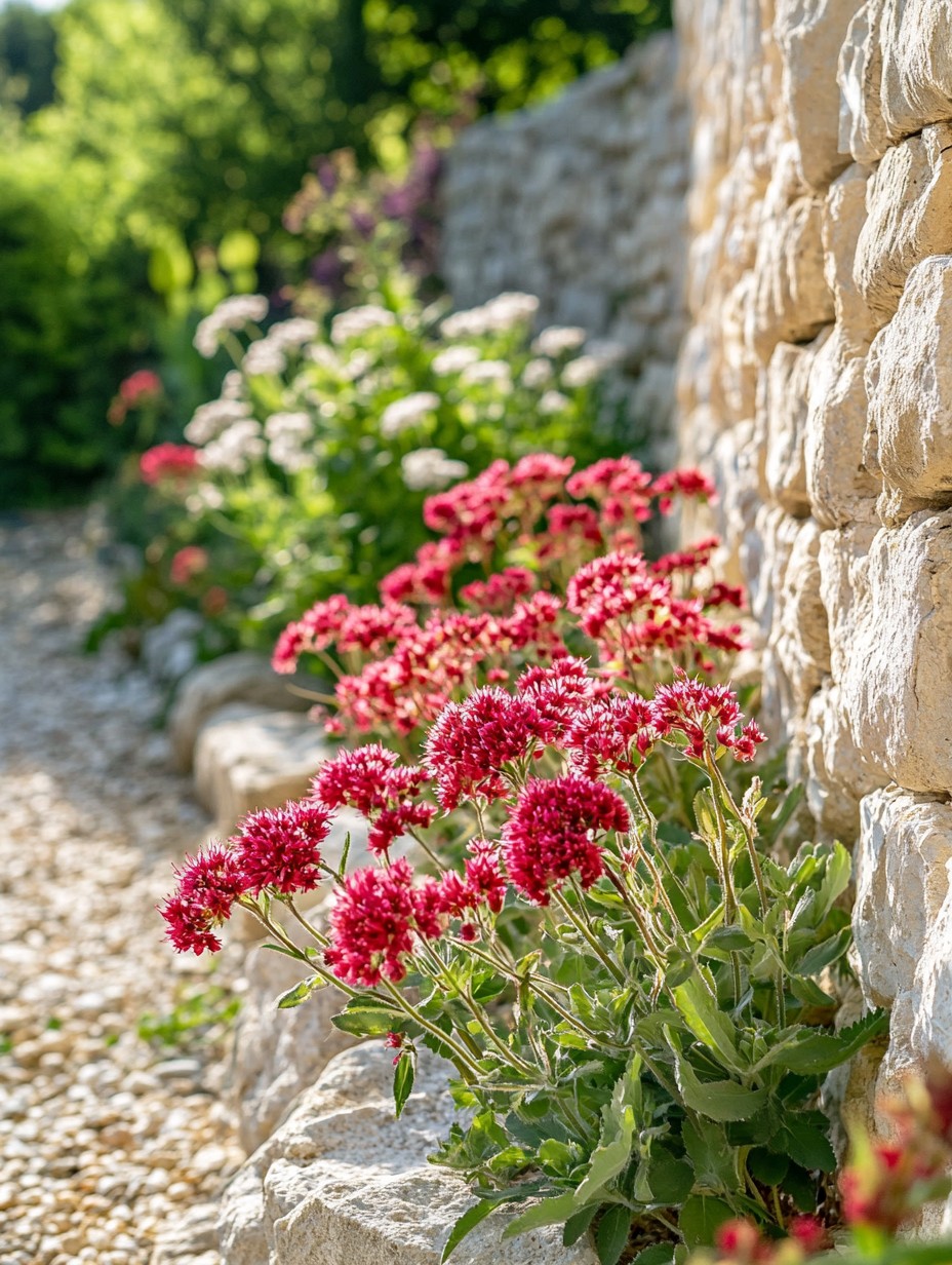Centranthus ruber — roodroze bloemschermen op droge stenen muur