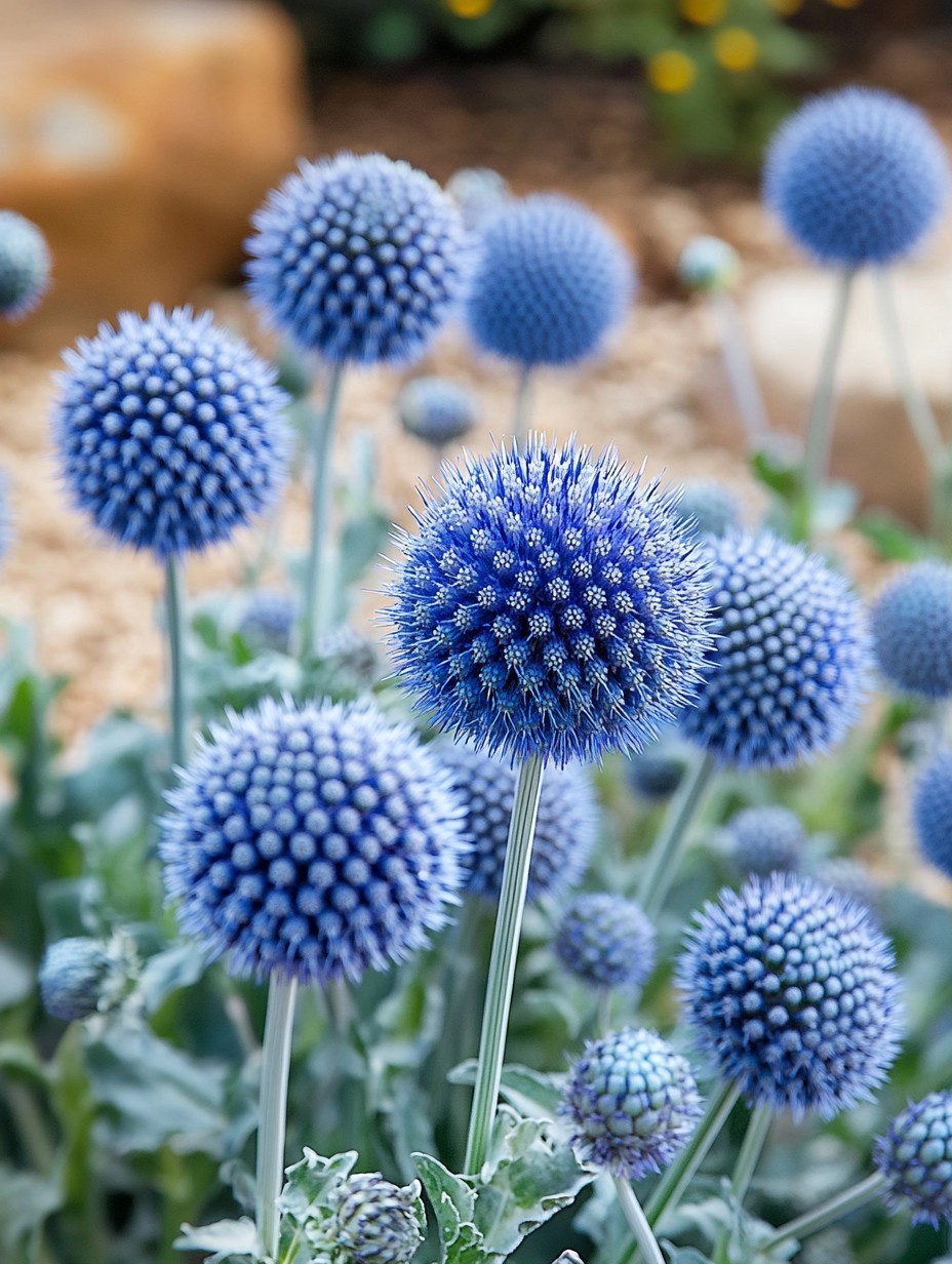Echinops ritro Veitch Blue — stalen-blauwe distel-bollen vol hommels