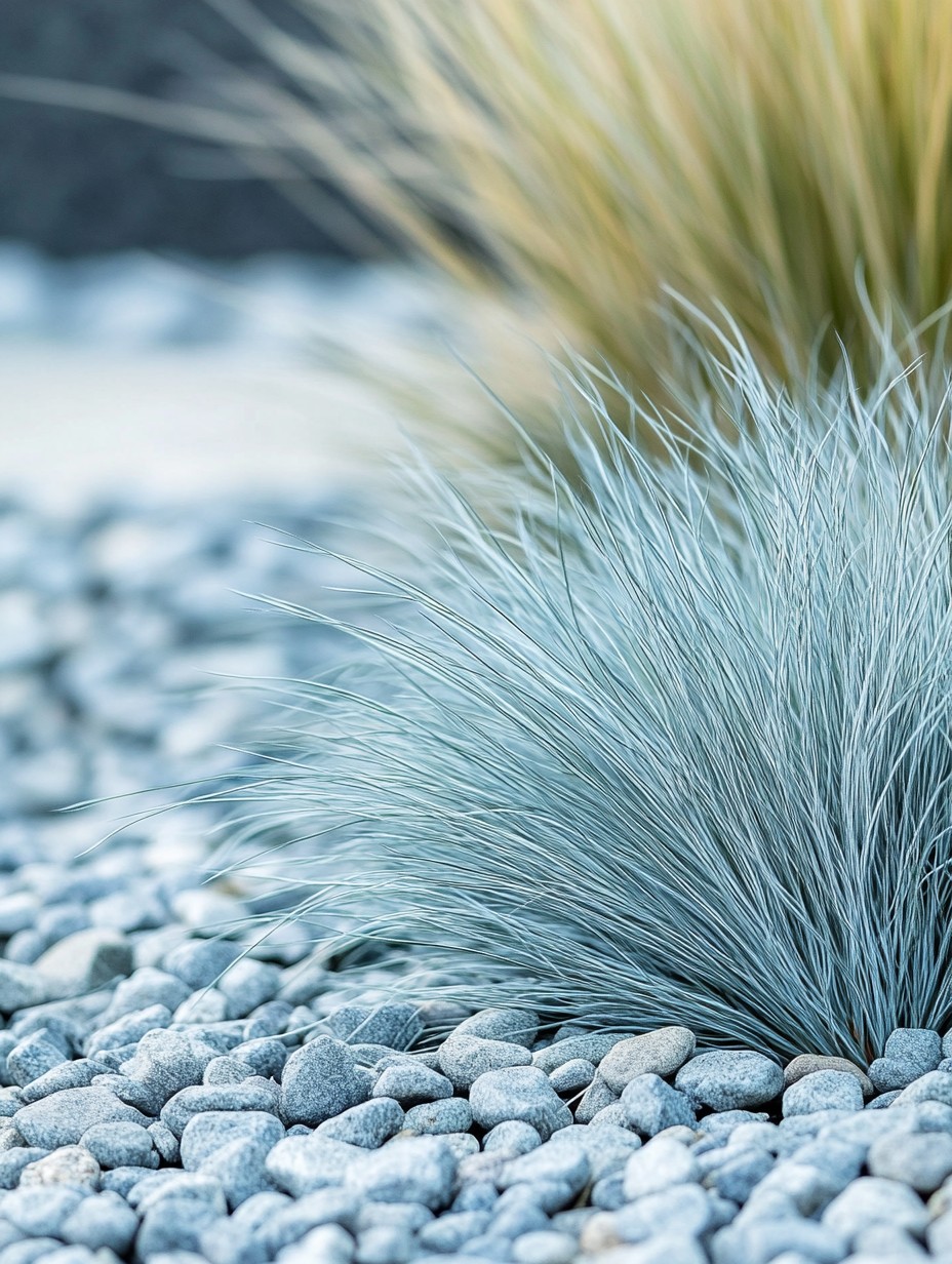 Festuca glauca Elijah Blue — staalblauwe kussens in moderne grindborder