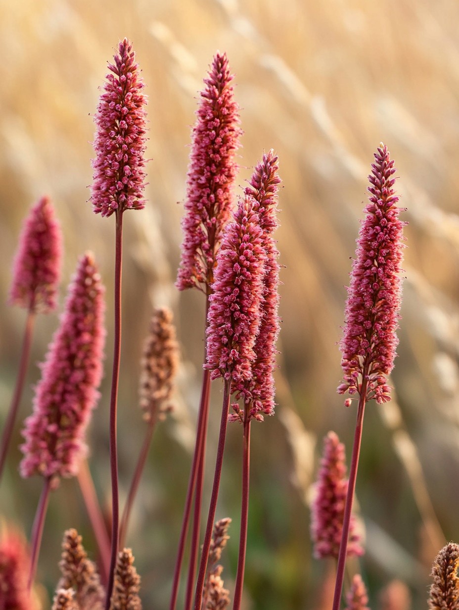 Persicaria amplexicaulis Firetail — diep rode aren in najaarslicht