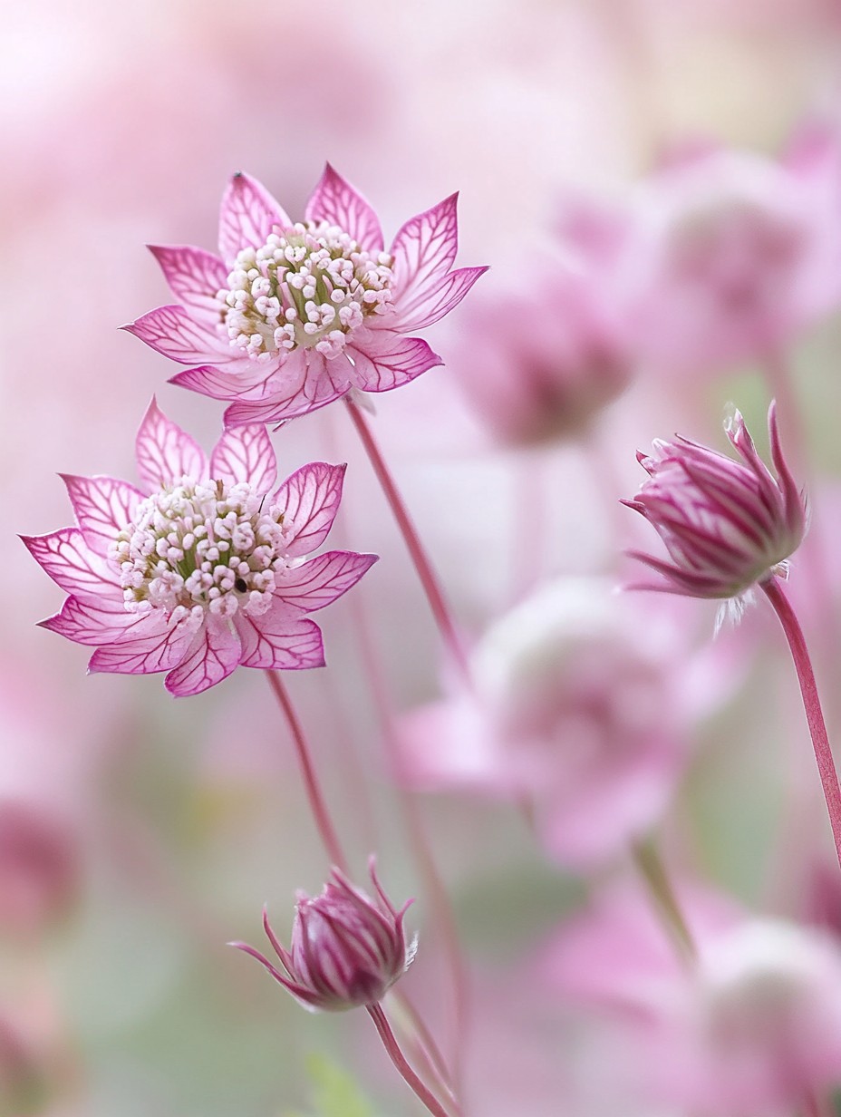 Astrantia major — roze ster-schermpjes op slanke stengels in cottage-tuin