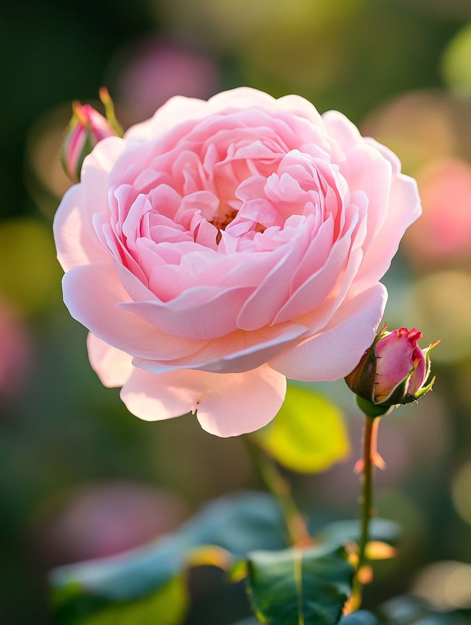 Engelse roos met romige bloemen in een cottage-tuin in zomerlicht