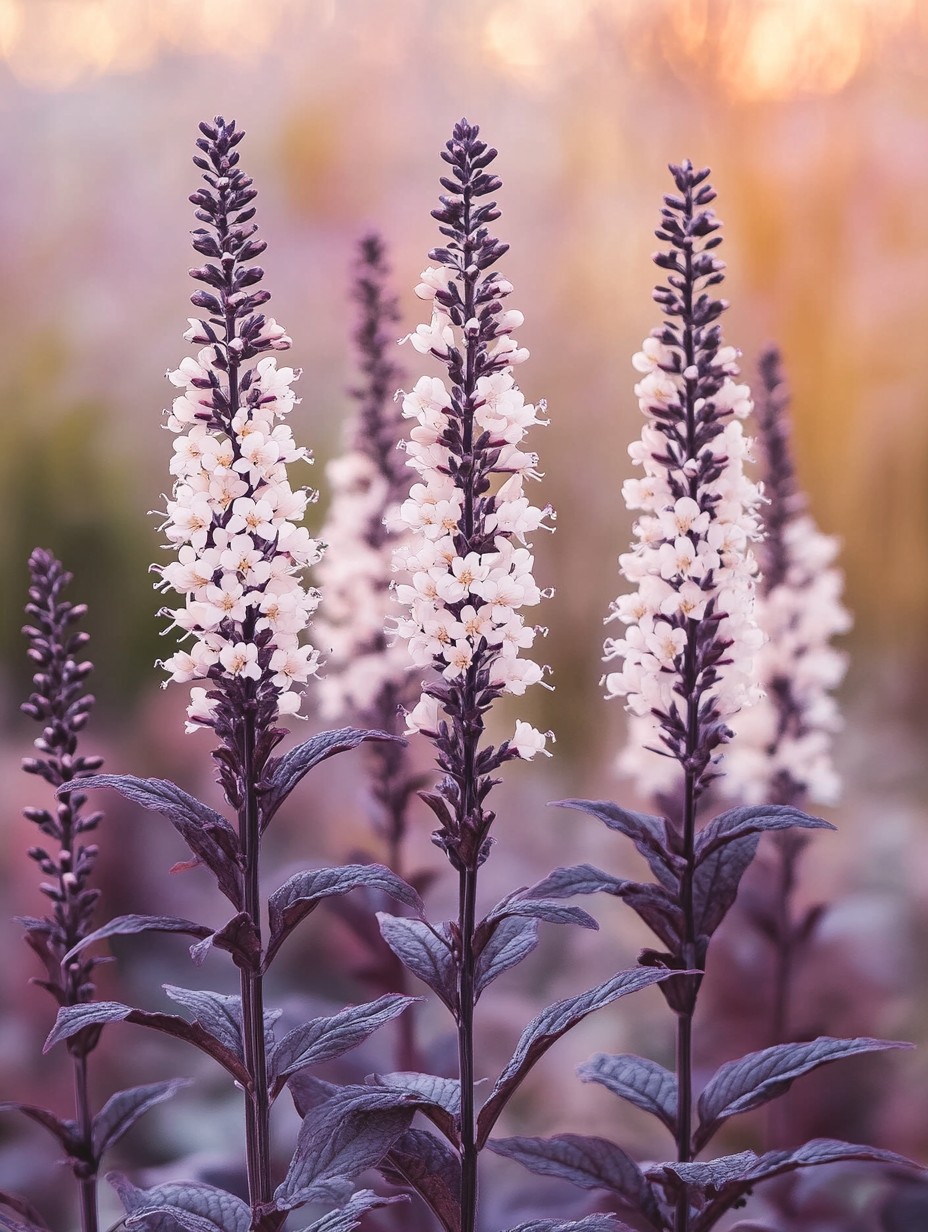 Actaea simplex Brunette — witte aren boven donker bronzen blad in najaarslicht